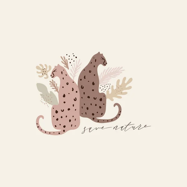 Exotic wild animals. Leopards couple in the jungle, tropical rainforest. Inhabitants of Asia. Palm leaves background. Good for summer sale, social media promotional content and more. Different plants — 스톡 벡터