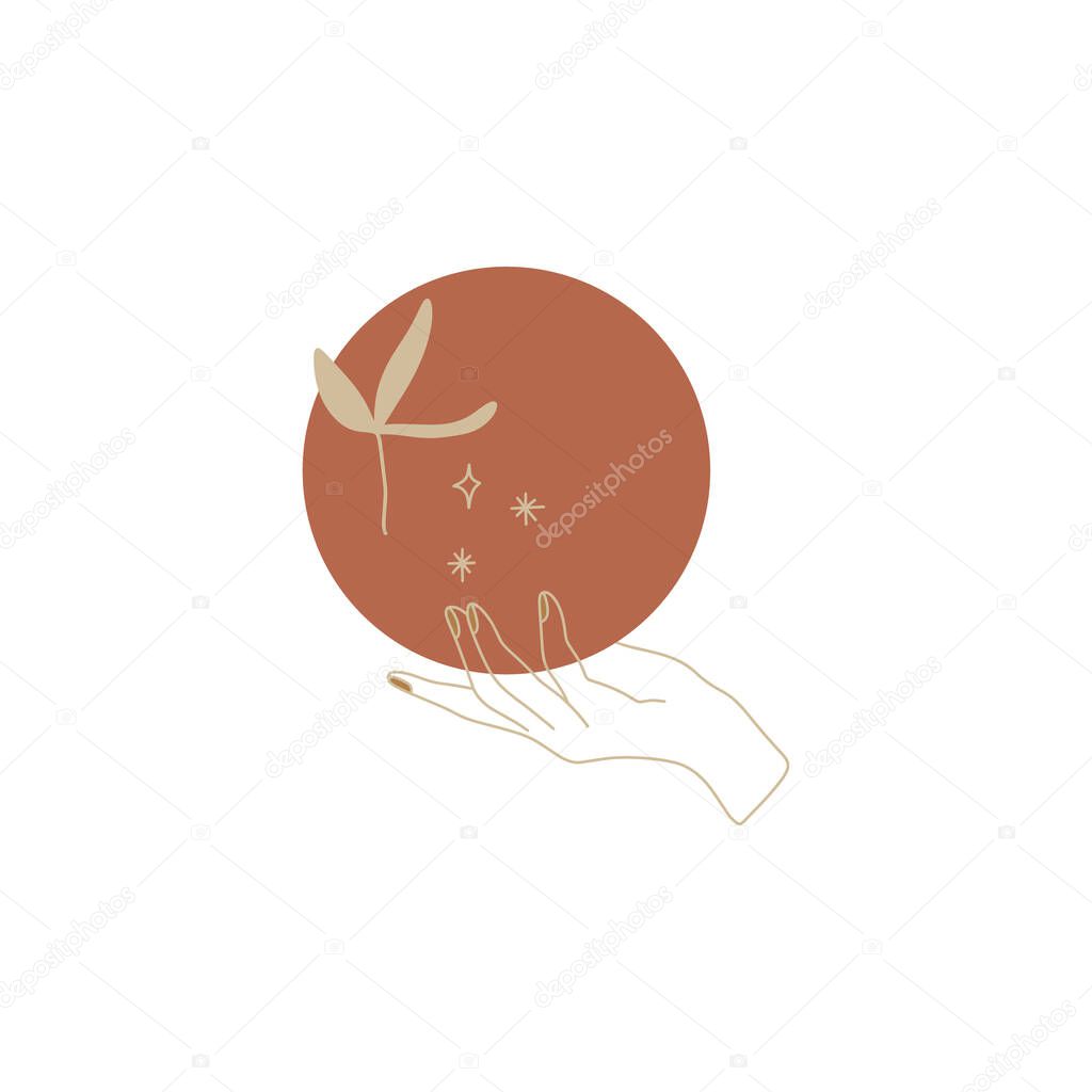 Tiny line art handdrawn style logo or icon symbol of magical hand with branch holds the Moon. Good for fashion theme, nature care, beauty industry, wedding postcards. Vector illustration.