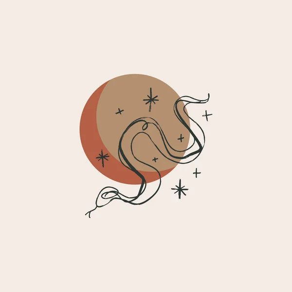 Serpiente Con Luna Estrellas Bueno Para Tema Moda Cuidado Naturaleza — Vector de stock