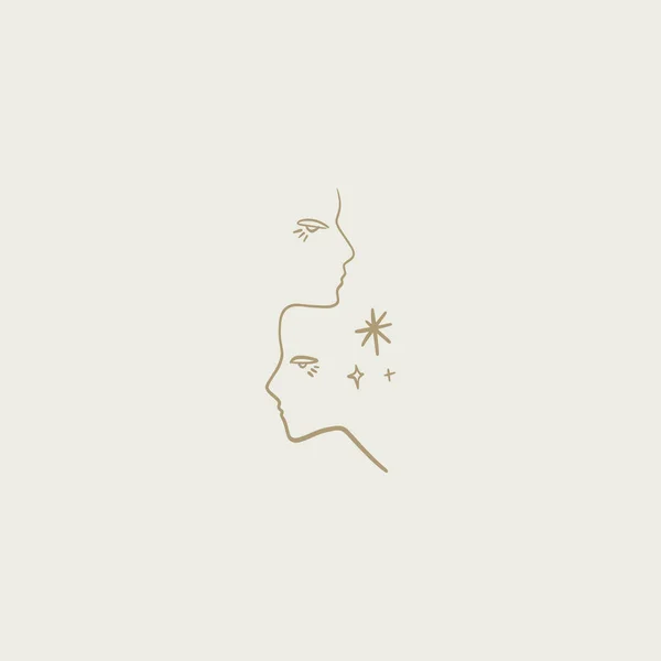 Line art magical faces. Good for fashion theme, nature care, beauty industry, wedding postcards. Vector illustration. — 스톡 벡터