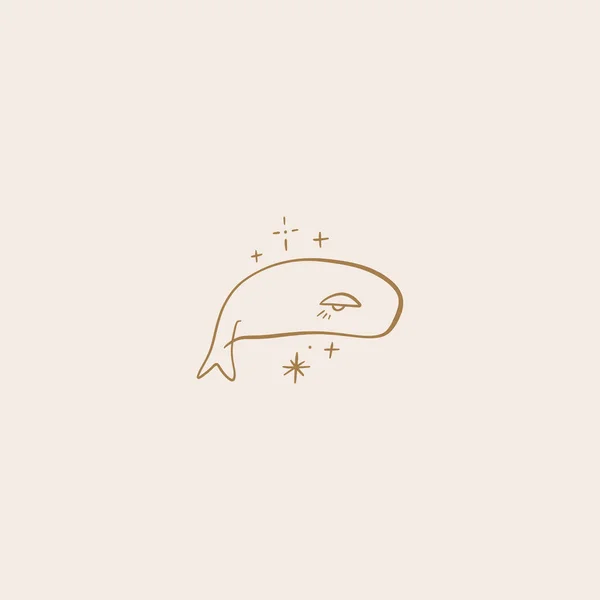 Tiny handdrawn line style logo or icon symbol of magical whale. Good for kids design, beauty industry, wedding postcards. Vector illustration. — 스톡 벡터
