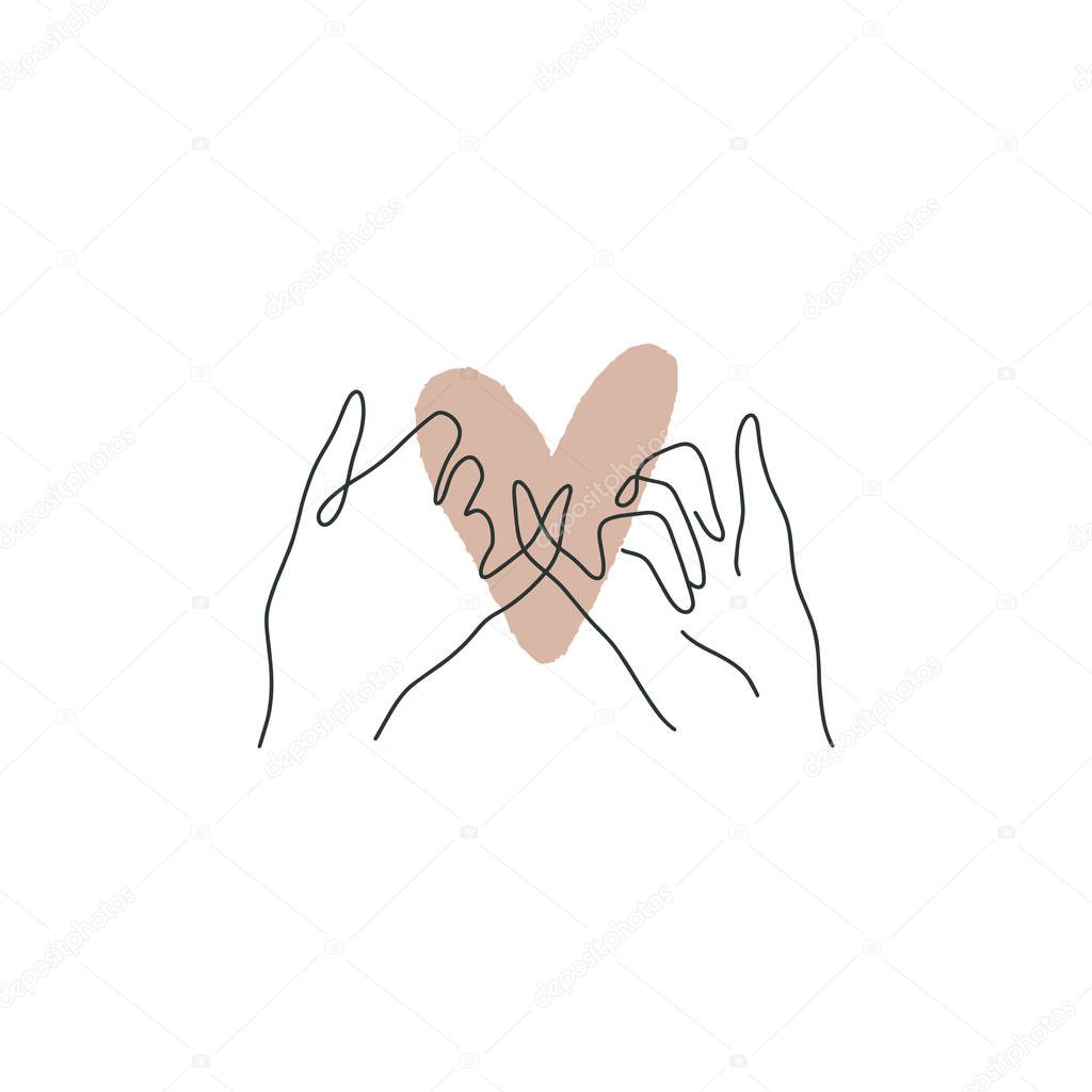 Friendship and love hands concept continuous line drawing. Good for fashion theme, nature care, beauty industry, wedding postcards. Vector illustration. Clipart image.