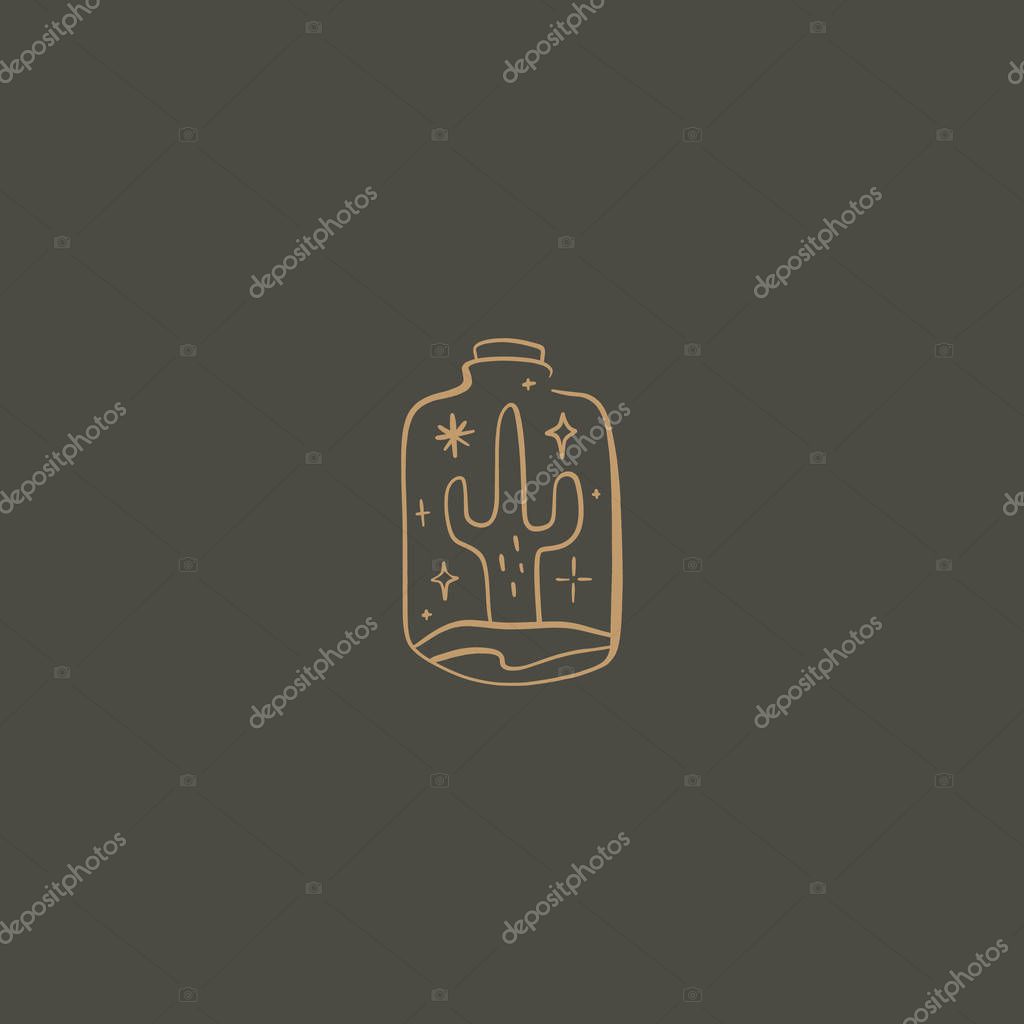 Cactus in glass logo. Eology concept. Green life. Good for t-shirt prints, logos, advertising banners. Vector illustration. Clipart image.