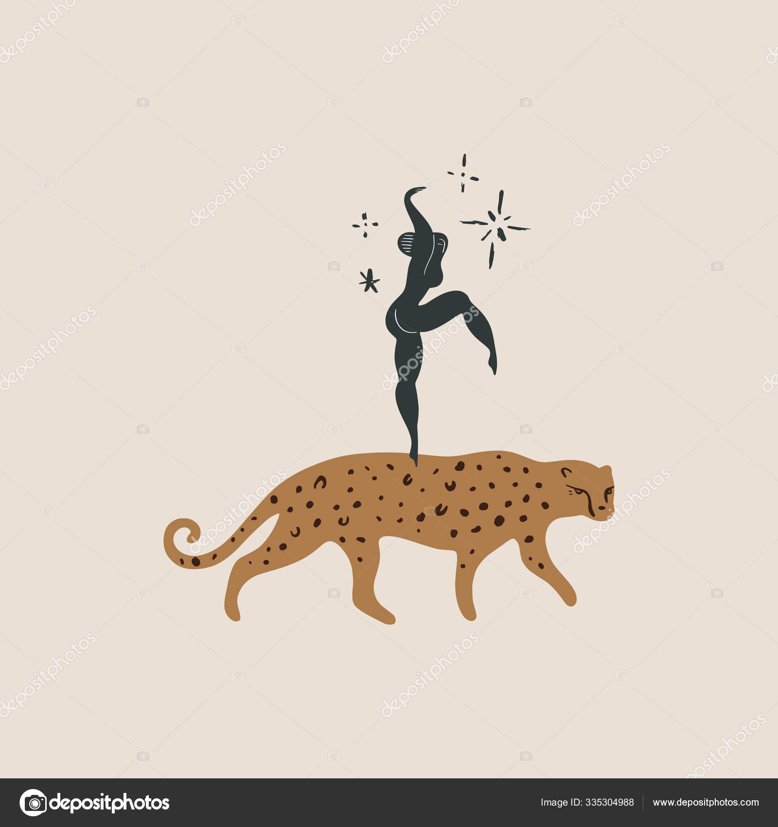 Arte de chica y leopardo. Mujer y gato tropical salvaje concepto de  amistad. Impresión divertida humana y animal. Ilustración vectorial.  Clipart Vector de stock por ©knstart 335304988