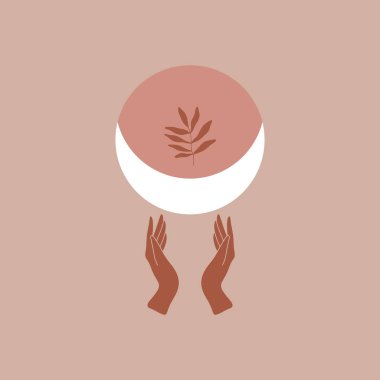 İnsan elleri ay ışığı logosu ya da simge sembolü. Gece gökyüzü kavramı, ayın evreleri. Beyaz arka planda izole edilmiş. Doğal tema tasarımı, güzellik endüstrisi, düğün kartpostalları için iyi. Vektör illüstrasyonu