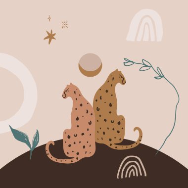 Çizgi film sevimli mutlu leopar çifti. El çizimi vahşi kediler. Yaratıcı modern çocuk odası posteri ya da afişi. Pastel renkler. Düz tasarım kolaj bileşimi. Vektör çizimi. Clipart