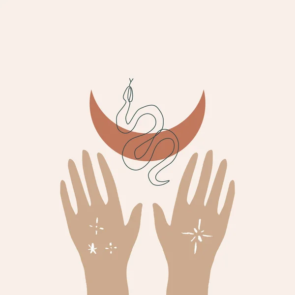 Hands with line art snake and Moon symbol. Alchemy, boho and witchcraft concept. Sacred geometry. Vector illustration. Clipart — Stock Vector