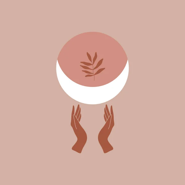 Mãos humanas logotipo do luar ou ícone símbolo. Conceito de céu noturno, fases da Lua. Isolado em fundo branco. Bom para design de tema natural, indústria de beleza, cartões postais de casamento. Ilustração vetorial — Vetor de Stock