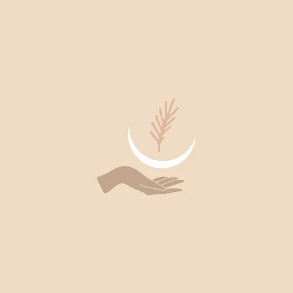 Menschliche Hand Pflanze Logo oder Symbol-Symbol. Nachthimmel-Konzept, eine Mondphase. isoliert auf weißem Hintergrund. gut für natürliches Themendesign, Schönheitsindustrie, Hochzeitspostkarten. Vektorillustration. cli — Stockvektor