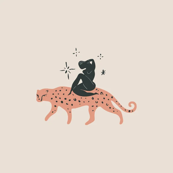 Menina e arte de leopardo. Mulher e selvagem conceito de amizade gato tropical. Impressão engraçada humana e animal. Ilustração vetorial. Clipart —  Vetores de Stock