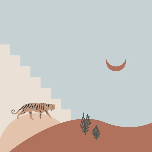 Dibujos animados lindo tigre y luna en el desierto. Gato salvaje dibujado a mano. Diseño plano composición collage. Cartel o pancarta de vivero moderno creativo. Colores pastel. Ilustración vectorial. Clipart — Archivo Imágenes Vectoriales