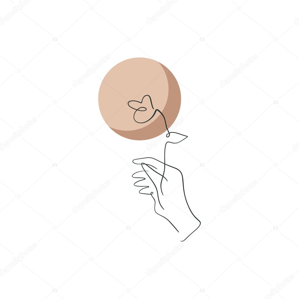 Hand holding flower. Contoured style. Line drawing logo or icon symbol. Good for fashion theme, nature care, beauty industry, wedding postcards, wall art. Modern abstraction. Vector illustration. Clipart image.