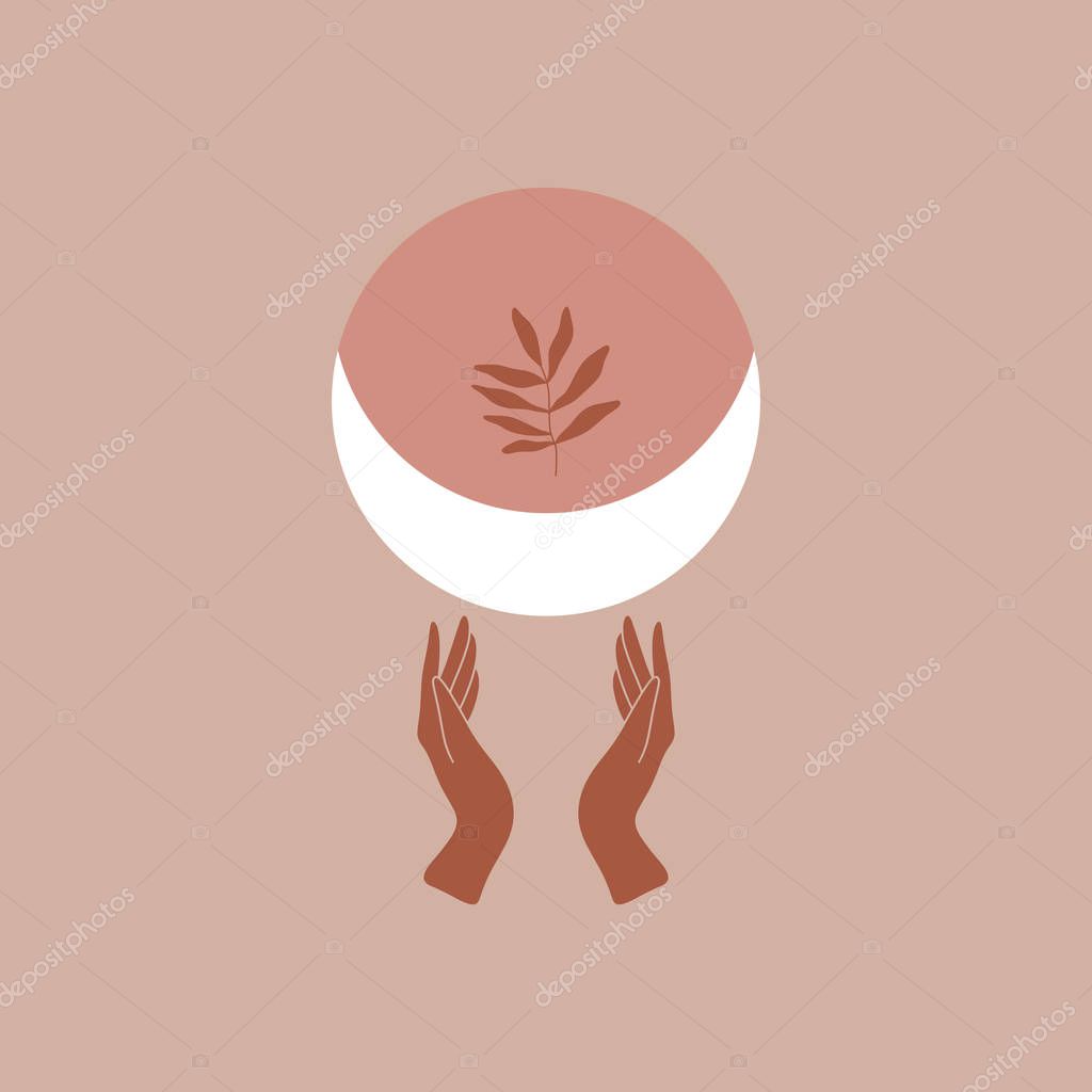 Human hands moonlight logo or icon symbol. Night sky concept, a phases of the Moon. Isolated on white background. Good for natural theme design, beauty industry, wedding postcards. Vector illustration. Clipart image.