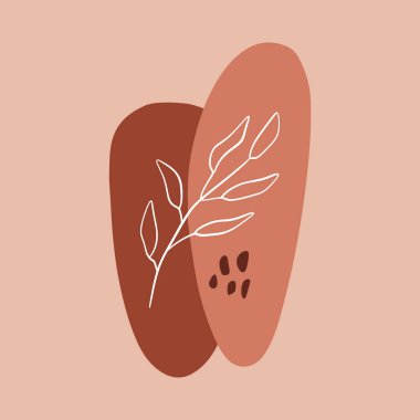 Yaprak ve geometrik şekilli minimalist soyutlama. Çağdaş İskandinav tarzı. Düz tasarım kolaj terracotta renk kompozisyonu. Posterler, kartpostallar, sosyal medya afişleri ve otopsi için iyidir.