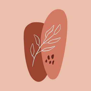 Yaprak ve geometrik şekilli minimalist soyutlama. Çağdaş İskandinav tarzı. Düz tasarım kolaj terracotta renk kompozisyonu. Posterler, kartpostallar, sosyal medya afişleri ve otopsi için iyidir.