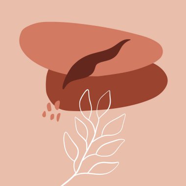 Yaprak ve geometrik şekilli minimalist soyutlama. Çağdaş İskandinav tarzı. Düz tasarım kolaj terracotta renk kompozisyonu. Posterler, kartpostallar, sosyal medya afişleri ve otopsi için iyidir.