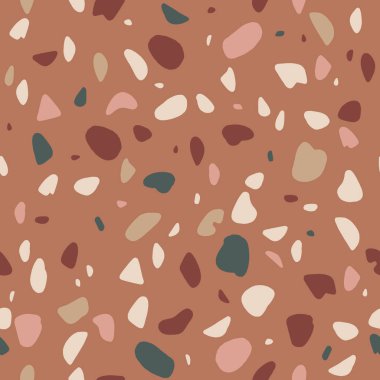 Terrazo modern modern sanat baskısı. Farklı şekiller, kusursuz desenler. Yanmış turuncu trend sıcak terracotta renk paleti. Yaz illüstrasyonu, düzenlenebilir vektör