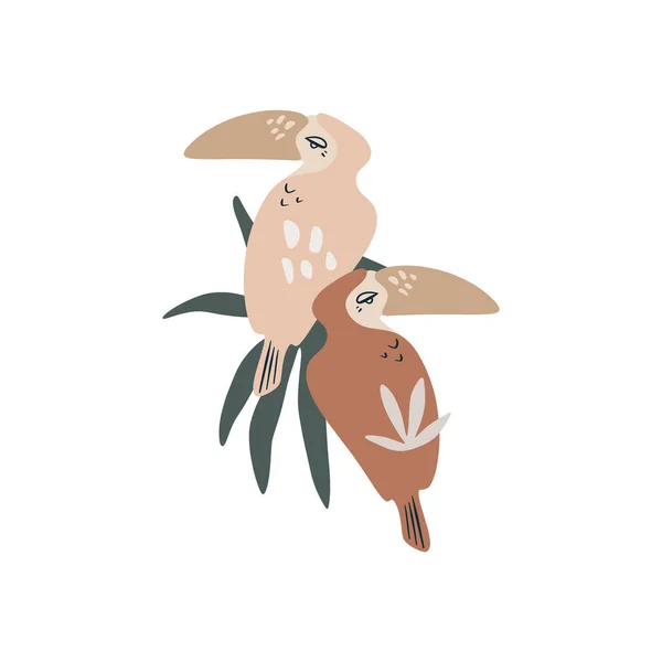 Тропическая мультипликационная абстрактная пара туканов. Модный стиль коллажа. Симпатичные экзотические птицы с пальмовыми листьями в джунглях на белом фоне. Летняя иллюстрация, редактируемый вектор — стоковый вектор