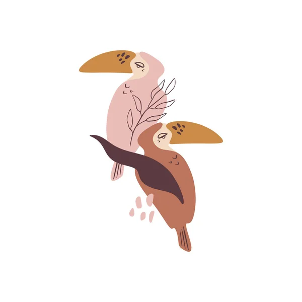 Τροπικά κινούμενα σχέδια αφηρημένα απομονωμένα toucans ζευγάρι. Μοντέρνο στυλ κολάζ. Χαριτωμένα εξωτικά πουλιά με φύλλα φοίνικα στη ζούγκλα σε λευκό φόντο. Καλοκαιρινή απεικόνιση, επεξεργάσιμο διάνυσμα — Διανυσματικό Αρχείο