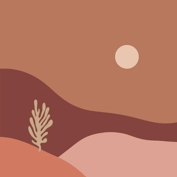Terracota abstracto moderno paisaje minimalista. Impresión digital de arte contemporáneo. Paleta de colores cálidos de moda naranja quemada. Ilustración de verano, vector editable — Vector de stock