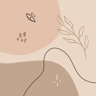 Yaprak ve geometrik şekilli minimalist soyutlama. Çağdaş İskandinav tarzı. Düz tasarım kolaj pastel renk kompozisyonu. Posterler, kartpostallar, sosyal medya afişleri ve şablonlar için iyidir.