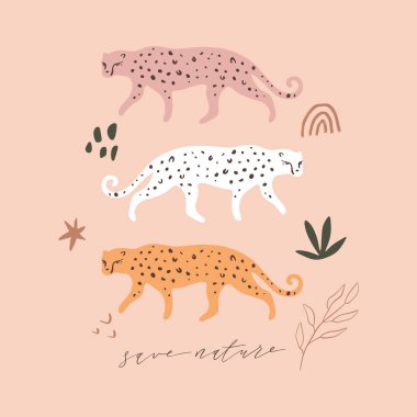 Modern çizgi film düz leoparlar baskısı. Tropik kedi kolajı. Pop sanat tarzı konsept. Vahşi hayvan posterini koru. Vektör İllüstrasyonu. Pastel renkler clipart