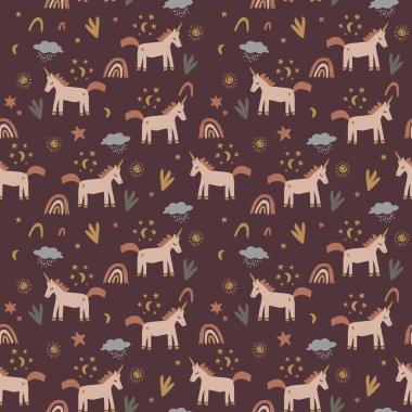 Şirin, izole edilmiş, stil sahibi tek boynuzlu atlar kusursuz desenli dizayn. İyi geceler konsepti. Büyülü hayvanlar. Pastel renkler. Midilli bakımevi baskısı. Vektör