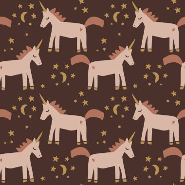 Şirin, izole edilmiş, stil sahibi tek boynuzlu atlar kusursuz desenli dizayn. İyi geceler konsepti. Büyülü hayvanlar. Pastel renkler. Midilli bakımevi baskısı. Vektör
