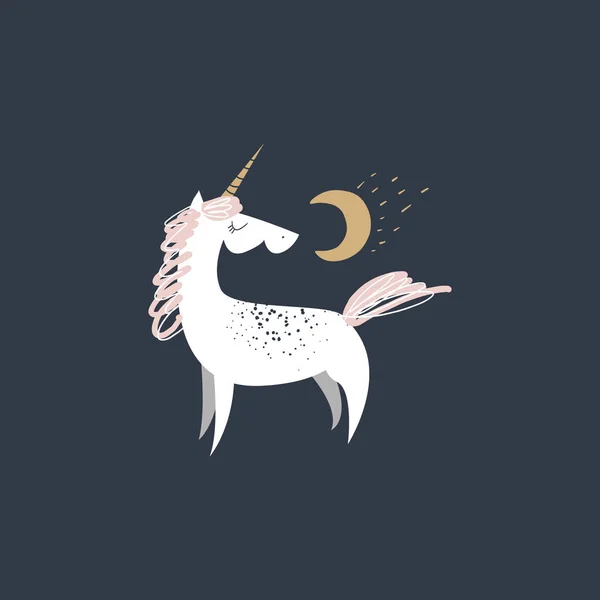 Lindo aislado elegante luna boho unicornio composición. Buen concepto de noche. Animales mágicos. Colores pastel. Impresión de la guardería Pony. Vector — Archivo Imágenes Vectoriales