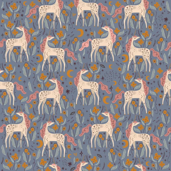 Cute isolated stylish boho unicorns seamless pattern design. Good night concept. Magical animals. Pastel colors. Pony nursery print. Vector — Stock Vector