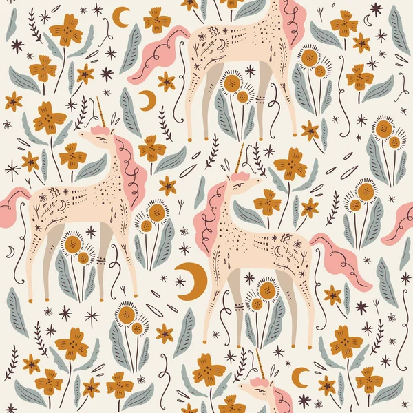 Leuke geïsoleerde stijlvolle boho eenhoorns naadloos patroon ontwerp. Welterusten. Magische dieren. Pastel kleuren. Pony kwekerij print. Vector — Stockvector