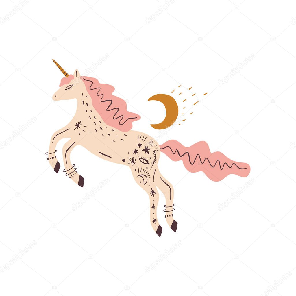 Cute isolated stylish boho moon unicorn composition. Good night concept. Magical animals. Pastel colors. Pony nursery print. Vector