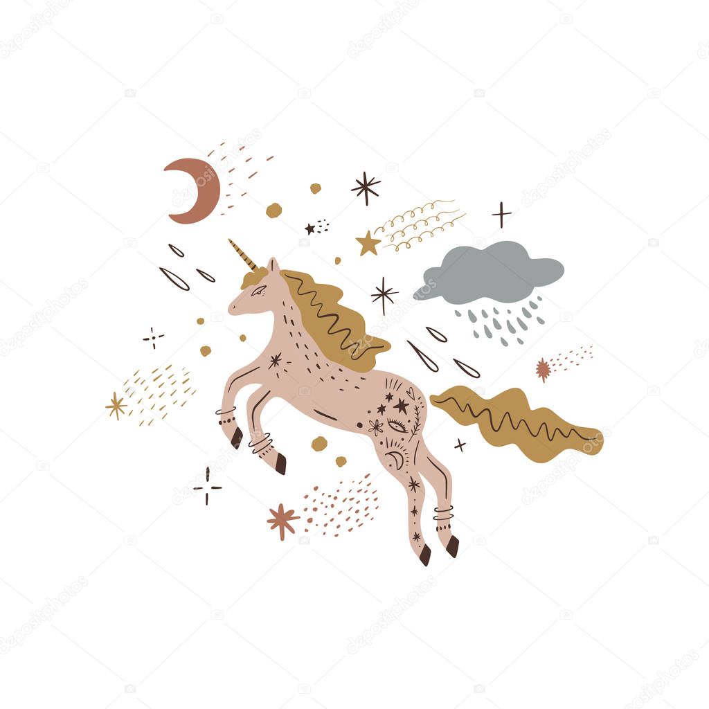 Cute isolated stylish boho moon unicorn composition. Good night concept. Magical animals. Pastel colors. Pony nursery print. Vector