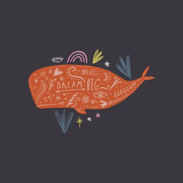Vector lindo doodle ballena de dibujos animados, dibujo de vida marina con elementos de patrón floral, impresión animal de verano con texto — Vector de stock