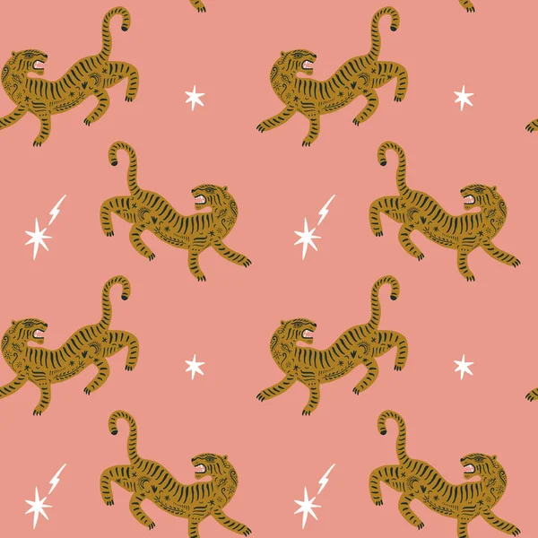 Vector doodle padrão pastel sem costura com tigres bonitos. Fundo de gatos tropicais. Papel de parede Boho —  Vetores de Stock