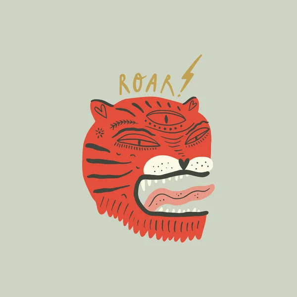 Cartão de vetor com bonito boho asiático estilo tigre rosto. Projeto bonito da cópia do animal. Cartaz elegante na moda —  Vetores de Stock