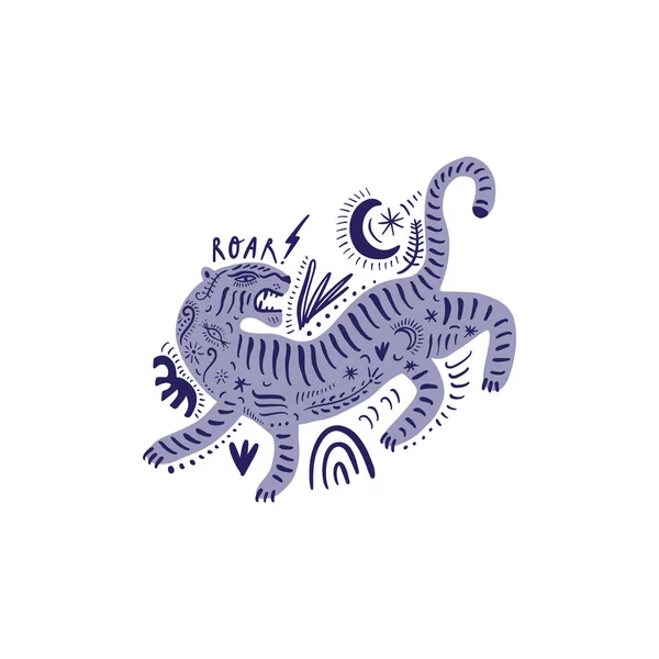Carte vectorielle avec tigre de style asiatique boho orné mignon. Belle conception d'impression animale. Affiche élégante à la mode — Image vectorielle