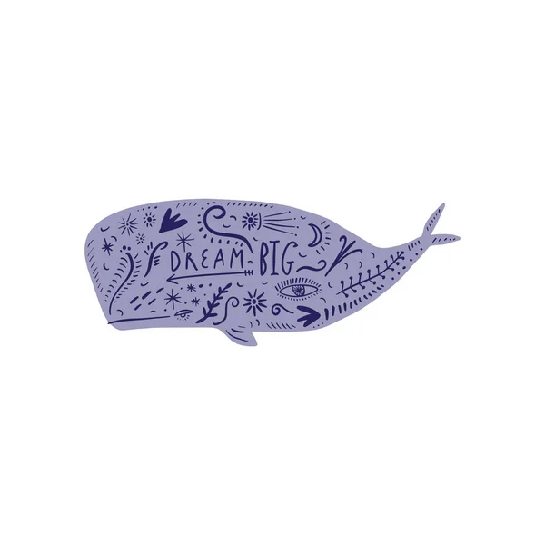 Vektor söt doodle tecknad val, rita Sealife med blommiga mönster element, sommar djur tryck med text — Stock vektor