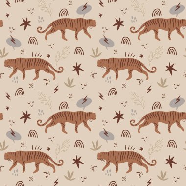 Ormandaki sevimli kaplanlarla kusursuz pastel desenli vektör karalaması. Tropik kedilerin arka planı. Boho duvar kağıdı