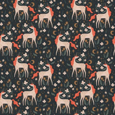 Şirin, izole edilmiş, stil sahibi tek boynuzlu atlar kusursuz desenli dizayn. İyi geceler konsepti. Büyülü hayvanlar. Pastel renkler. Midilli bakımevi baskısı. Vektör