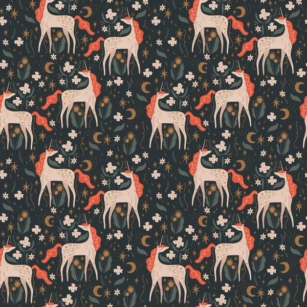 Şirin, izole edilmiş, stil sahibi tek boynuzlu atlar kusursuz desenli dizayn. İyi geceler konsepti. Büyülü hayvanlar. Pastel renkler. Midilli bakımevi baskısı. Vektör