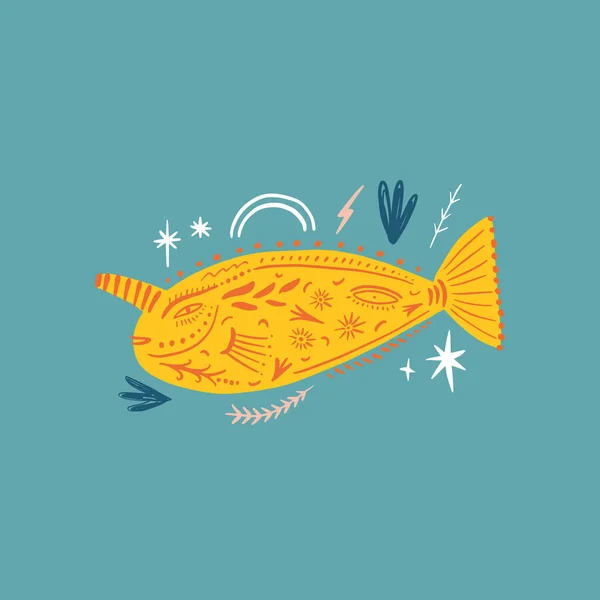 Vector dibujado a mano garabato elegante esbozo peces tropicales ilustración. Arte de fauna decorativa — Vector de stock