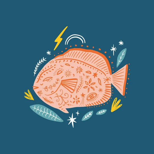 Vector dibujado a mano garabato elegante esbozo peces tropicales ilustración. Arte de fauna decorativa — Archivo Imágenes Vectoriales