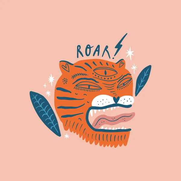 Tarjeta vectorial con linda cara de tigre estilo asiático boho. Hermoso diseño de impresión animal. Cartel con estilo de moda — Archivo Imágenes Vectoriales