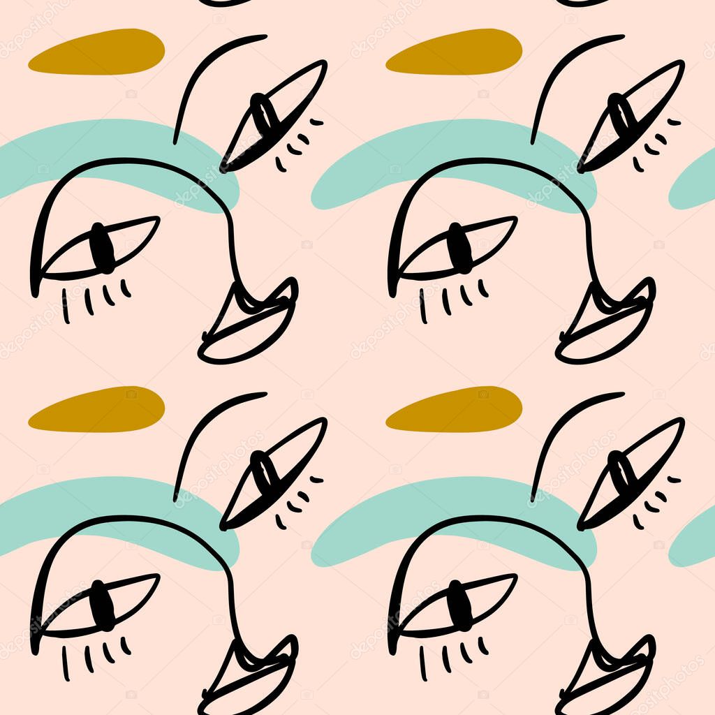 One Line Drawing Abstract Faces Seamless Pattern Modern Aesthetic Print Minimalism Contour Line Art Continuous With People Faces Vector Illustration Larastock