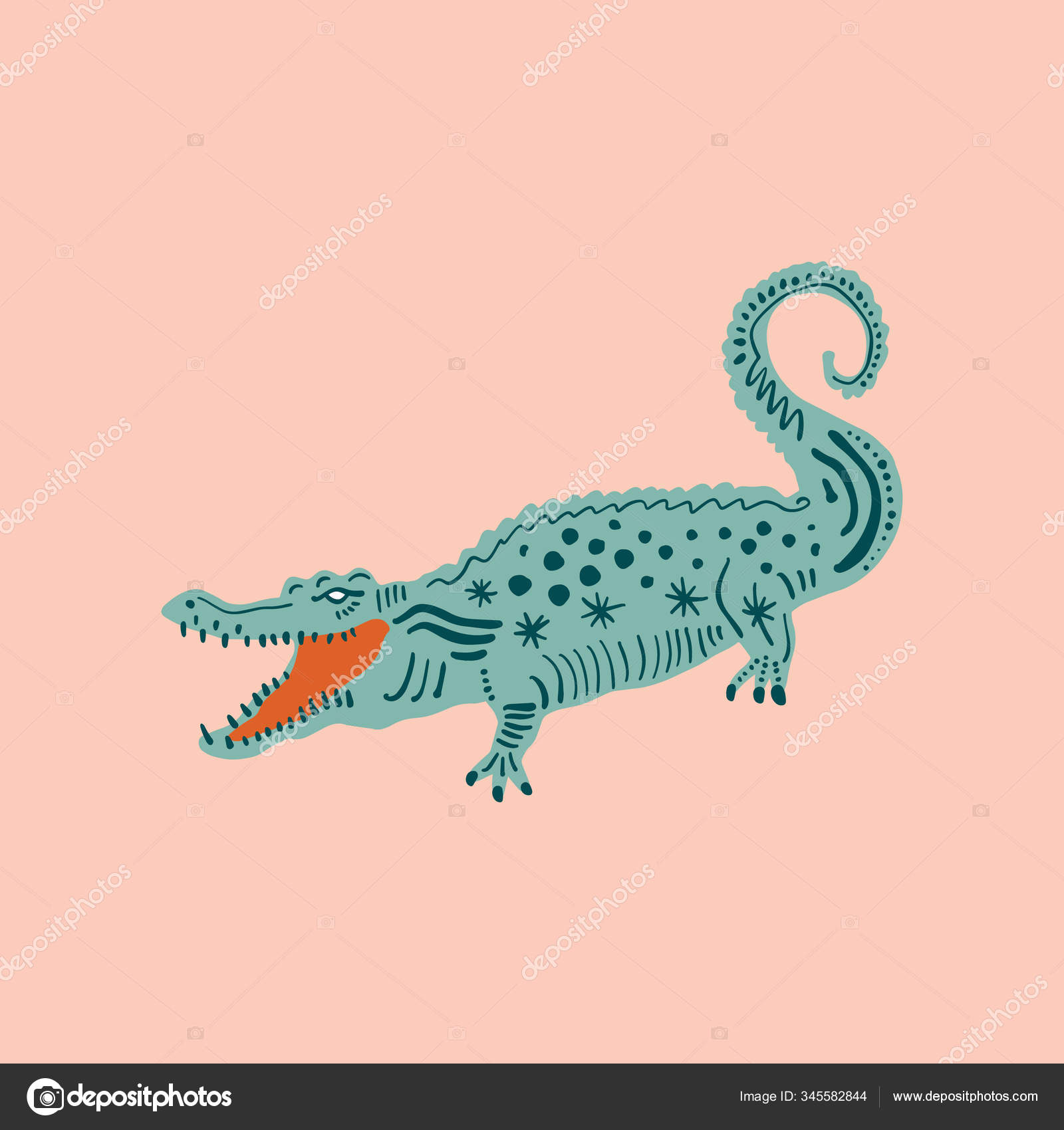 具有色彩背景的可爱鳄鱼，短吻鳄，酷的动物拼贴印刷品，卡通人物图库矢量图©knstart 345582844, image size:1600x1700