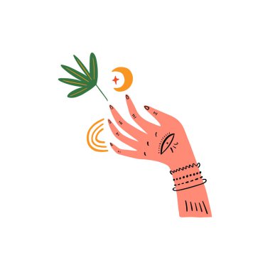 Sihirli süslemeli el. Gezegen haftası sanatı, Dünya günü. Doğayı kurtar, yeşil hayat kavramı. Vektör İllüstrasyonu. Clipart