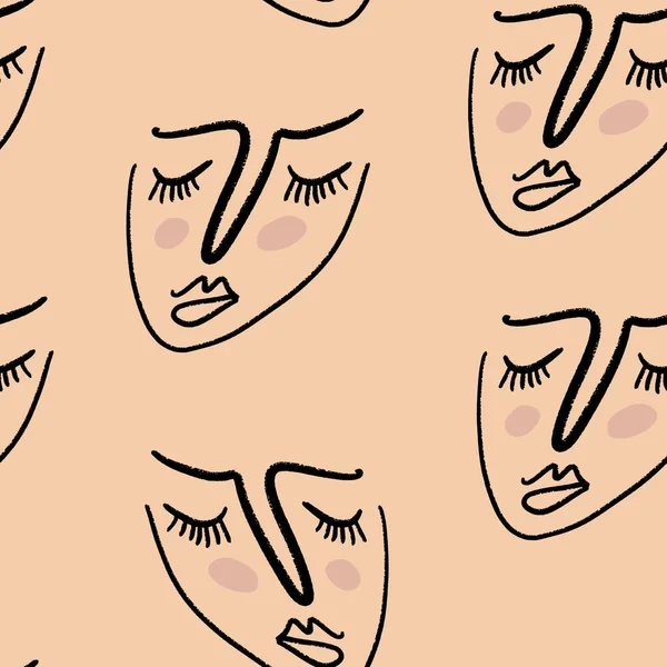 Une ligne dessinant des visages abstraits motif sans couture. Impression esthétique moderne, minimalisme, contour ligne art. Continue avec les visages des gens. Vecteur — Image vectorielle