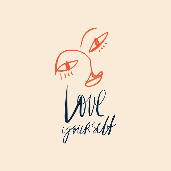 Love yourself concept. Modern abstract line face portrait, linear brush art. Lineart quote lettering. Inspirational and motivational. Fashion vector illustration. Abstract t-shirt print, poster, postc — Stock Vector