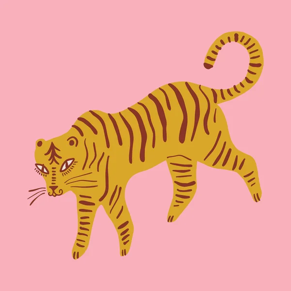 Vetor bonito animal infantil, ilustração do bebê, Bengala tigre quadrinhos estilo arte dos desenhos animados, listras padrão. Impressão desenhada à mão para cartazes, cartões e camisetas —  Vetores de Stock